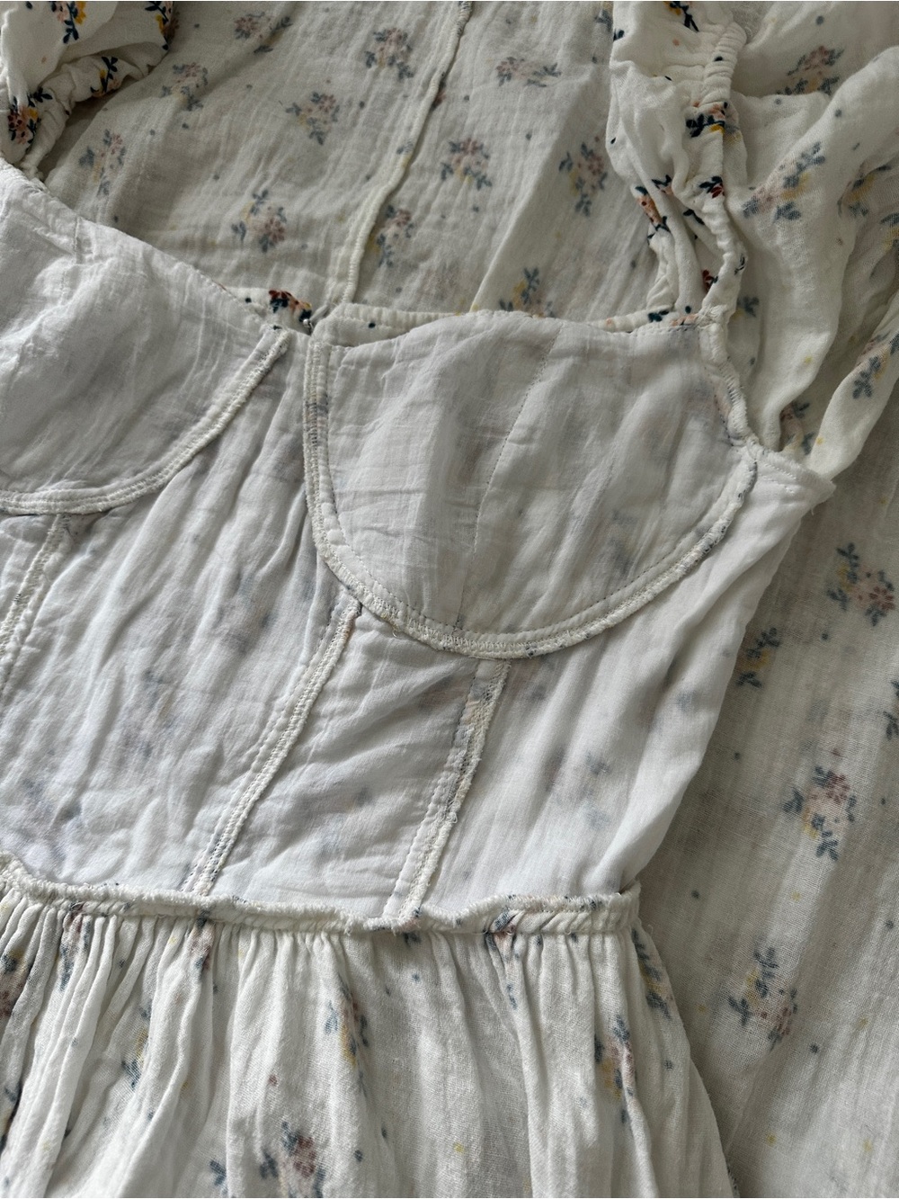 Romanic Garden Girl White Floral Bodice Puff-Sleeve Cotton Maxi Dress sz L - Picture 13 of 14